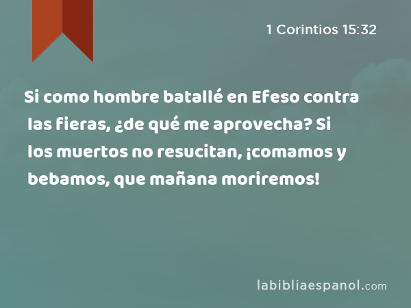 Si como hombre batallé en Efeso contra las fieras, ¿de qué me aprovecha? Si los muertos no resucitan, ¡comamos y bebamos, que mañana moriremos! - 1 Corintios 15:32