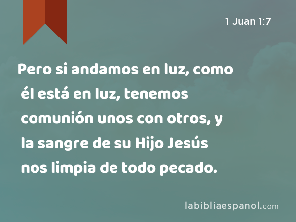 Pero si andamos en luz, como él está en luz, tenemos comunión unos con otros, y la sangre de su Hijo Jesús nos limpia de todo pecado. - 1 Juan 1:7