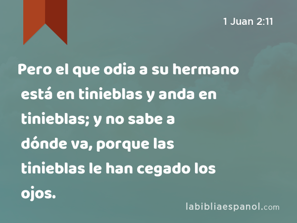 Pero el que odia a su hermano está en tinieblas y anda en tinieblas; y no sabe a dónde va, porque las tinieblas le han cegado los ojos. - 1 Juan 2:11