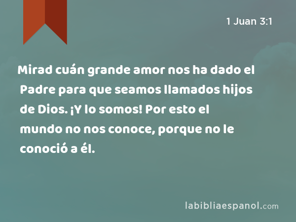 Mirad cuán grande amor nos ha dado el Padre para que seamos llamados hijos de Dios. ¡Y lo somos! Por esto el mundo no nos conoce, porque no le conoció a él. - 1 Juan 3:1