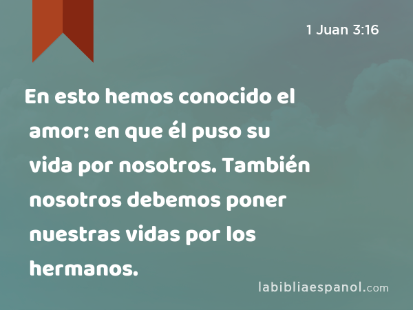 En esto hemos conocido el amor: en que él puso su vida por nosotros. También nosotros debemos poner nuestras vidas por los hermanos. - 1 Juan 3:16