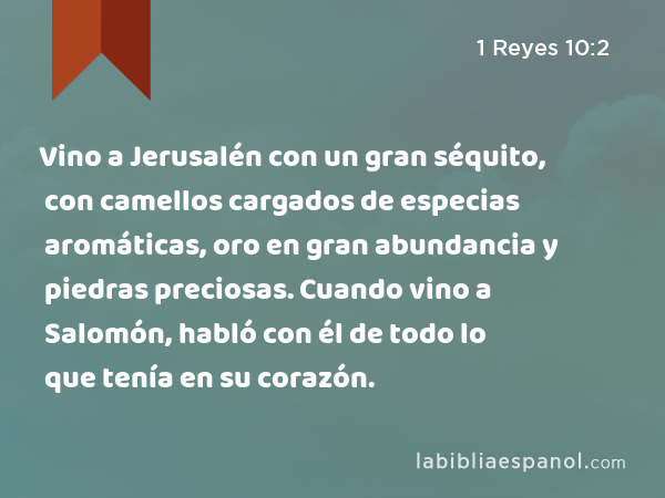 Vino a Jerusalén con un gran séquito, con camellos cargados de especias aromáticas, oro en gran abundancia y piedras preciosas. Cuando vino a Salomón, habló con él de todo lo que tenía en su corazón. - 1 Reyes 10:2