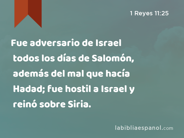 Fue adversario de Israel todos los días de Salomón, además del mal que hacía Hadad; fue hostil a Israel y reinó sobre Siria. - 1 Reyes 11:25