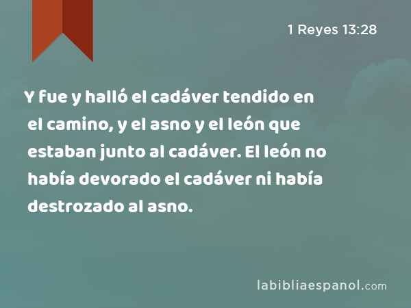 Y fue y halló el cadáver tendido en el camino, y el asno y el león que estaban junto al cadáver. El león no había devorado el cadáver ni había destrozado al asno. - 1 Reyes 13:28