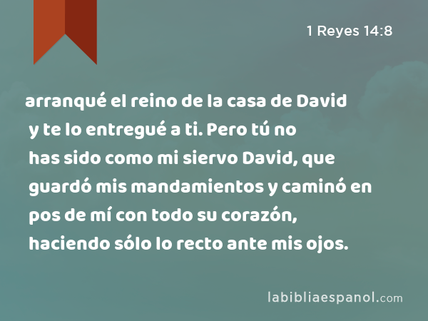 arranqué el reino de la casa de David y te lo entregué a ti. Pero tú no has sido como mi siervo David, que guardó mis mandamientos y caminó en pos de mí con todo su corazón, haciendo sólo lo recto ante mis ojos. - 1 Reyes 14:8