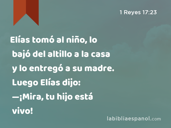 Elías tomó al niño, lo bajó del altillo a la casa y lo entregó a su madre. Luego Elías dijo: —¡Mira, tu hijo está vivo! - 1 Reyes 17:23