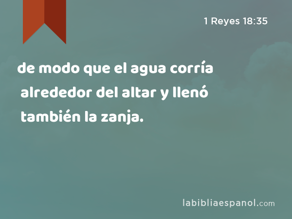 de modo que el agua corría alrededor del altar y llenó también la zanja. - 1 Reyes 18:35