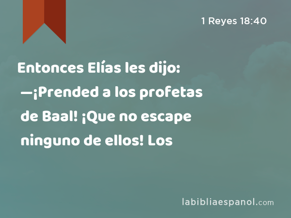 Entonces Elías les dijo: —¡Prended a los profetas de Baal! ¡Que no escape ninguno de ellos! Los - 1 Reyes 18:40