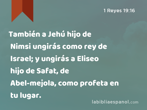 También a Jehú hijo de Nimsi ungirás como rey de Israel; y ungirás a Eliseo hijo de Safat, de Abel-mejola, como profeta en tu lugar. - 1 Reyes 19:16