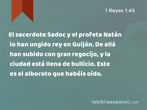 El sacerdote Sadoc y el profeta Natán lo han ungido rey en Guijón. De allá han subido con gran regocijo, y la ciudad está llena de bullicio. Este es el alboroto que habéis oído. - 1 Reyes 1:45