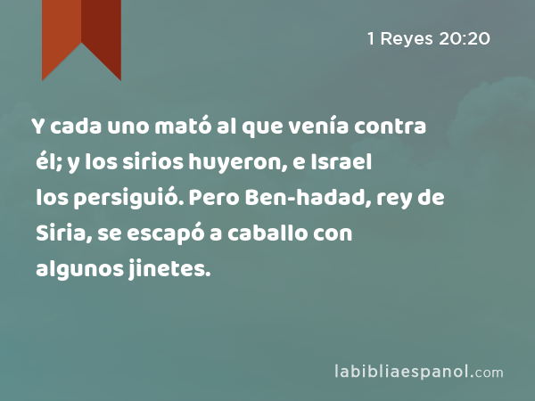 Y cada uno mató al que venía contra él; y los sirios huyeron, e Israel los persiguió. Pero Ben-hadad, rey de Siria, se escapó a caballo con algunos jinetes. - 1 Reyes 20:20