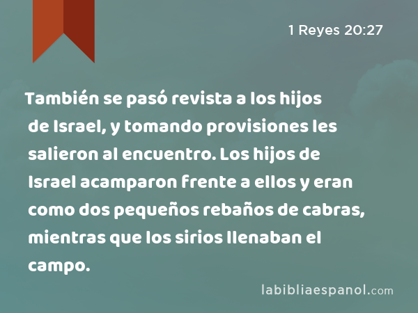 También se pasó revista a los hijos de Israel, y tomando provisiones les salieron al encuentro. Los hijos de Israel acamparon frente a ellos y eran como dos pequeños rebaños de cabras, mientras que los sirios llenaban el campo. - 1 Reyes 20:27