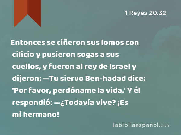 Entonces se ciñeron sus lomos con cilicio y pusieron sogas a sus cuellos, y fueron al rey de Israel y dijeron: —Tu siervo Ben-hadad dice: 'Por favor, perdóname la vida.' Y él respondió: —¿Todavía vive? ¡Es mi hermano! - 1 Reyes 20:32