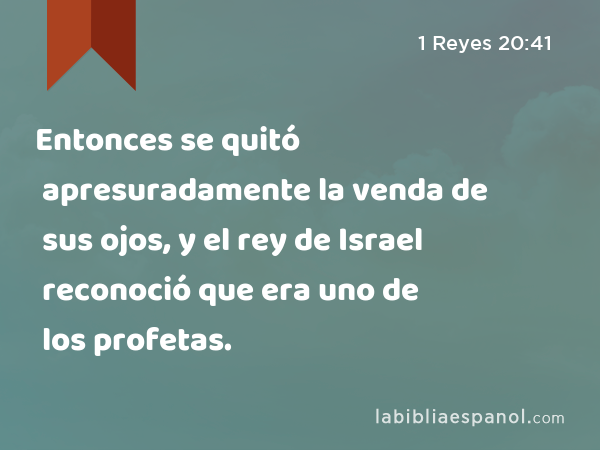 Entonces se quitó apresuradamente la venda de sus ojos, y el rey de Israel reconoció que era uno de los profetas. - 1 Reyes 20:41