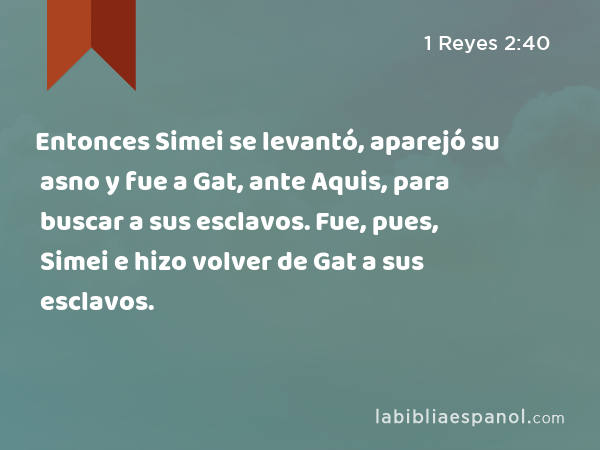 Entonces Simei se levantó, aparejó su asno y fue a Gat, ante Aquis, para buscar a sus esclavos. Fue, pues, Simei e hizo volver de Gat a sus esclavos. - 1 Reyes 2:40