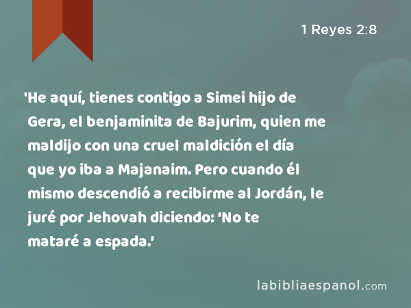 'He aquí, tienes contigo a Simei hijo de Gera, el benjaminita de Bajurim, quien me maldijo con una cruel maldición el día que yo iba a Majanaim. Pero cuando él mismo descendió a recibirme al Jordán, le juré por Jehovah diciendo: ‘No te mataré a espada.’ - 1 Reyes 2:8