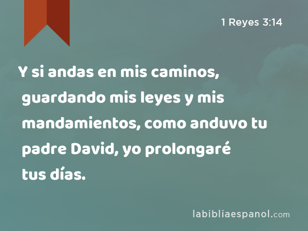 Y si andas en mis caminos, guardando mis leyes y mis mandamientos, como anduvo tu padre David, yo prolongaré tus días. - 1 Reyes 3:14