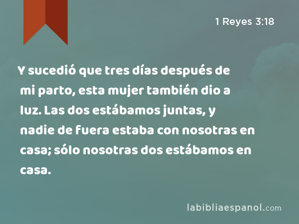 Y sucedió que tres días después de mi parto, esta mujer también dio a luz. Las dos estábamos juntas, y nadie de fuera estaba con nosotras en casa; sólo nosotras dos estábamos en casa. - 1 Reyes 3:18