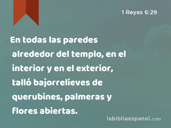 En todas las paredes alrededor del templo, en el interior y en el exterior, talló bajorrelieves de querubines, palmeras y flores abiertas. - 1 Reyes 6:29