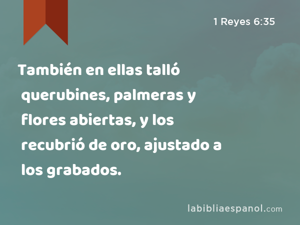 También en ellas talló querubines, palmeras y flores abiertas, y los recubrió de oro, ajustado a los grabados. - 1 Reyes 6:35