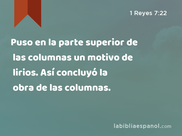 Puso en la parte superior de las columnas un motivo de lirios. Así concluyó la obra de las columnas. - 1 Reyes 7:22