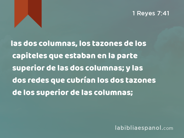 las dos columnas, los tazones de los capiteles que estaban en la parte superior de las dos columnas; y las dos redes que cubrían los dos tazones de los capiteles que estaban en la parte superior de las columnas; - 1 Reyes 7:41