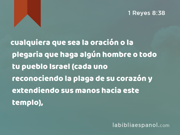 cualquiera que sea la oración o la plegaria que haga algún hombre o todo tu pueblo Israel (cada uno reconociendo la plaga de su corazón y extendiendo sus manos hacia este templo), - 1 Reyes 8:38