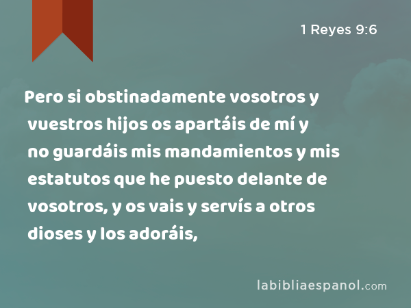 Pero si obstinadamente vosotros y vuestros hijos os apartáis de mí y no guardáis mis mandamientos y mis estatutos que he puesto delante de vosotros, y os vais y servís a otros dioses y los adoráis, - 1 Reyes 9:6