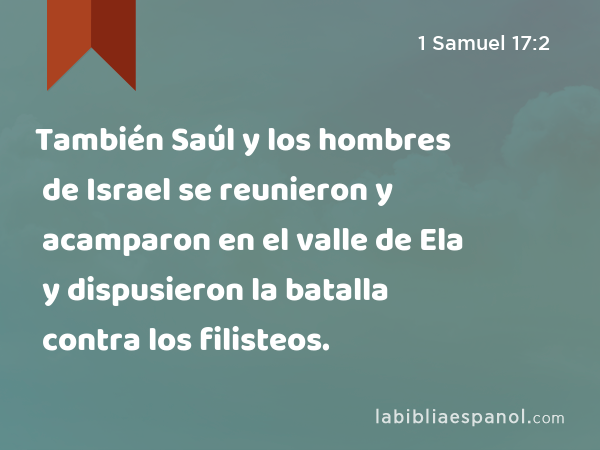 También Saúl y los hombres de Israel se reunieron y acamparon en el valle de Ela y dispusieron la batalla contra los filisteos. - 1 Samuel 17:2