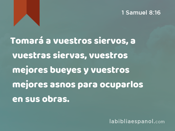 Tomará a vuestros siervos, a vuestras siervas, vuestros mejores bueyes y vuestros mejores asnos para ocuparlos en sus obras. - 1 Samuel 8:16