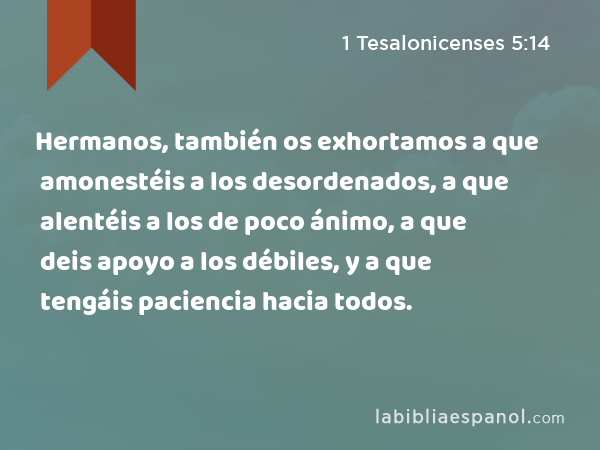 Hermanos, también os exhortamos a que amonestéis a los desordenados, a que alentéis a los de poco ánimo, a que deis apoyo a los débiles, y a que tengáis paciencia hacia todos. - 1 Tesalonicenses 5:14