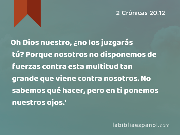 Oh Dios nuestro, ¿no los juzgarás tú? Porque nosotros no disponemos de fuerzas contra esta multitud tan grande que viene contra nosotros. No sabemos qué hacer, pero en ti ponemos nuestros ojos.' - 2 Crônicas 20:12