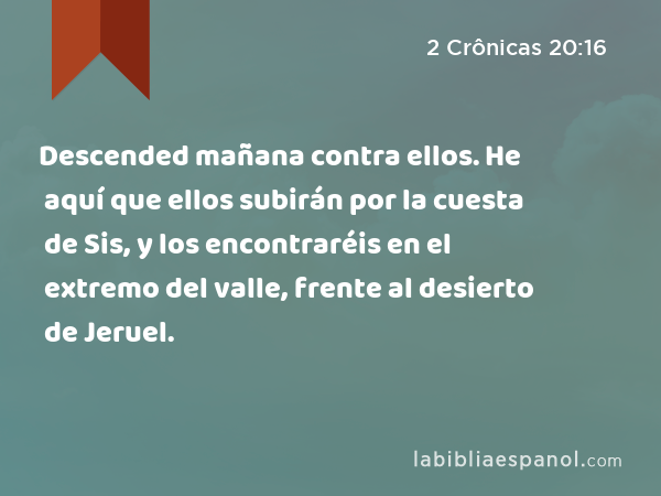 Descended mañana contra ellos. He aquí que ellos subirán por la cuesta de Sis, y los encontraréis en el extremo del valle, frente al desierto de Jeruel. - 2 Crônicas 20:16