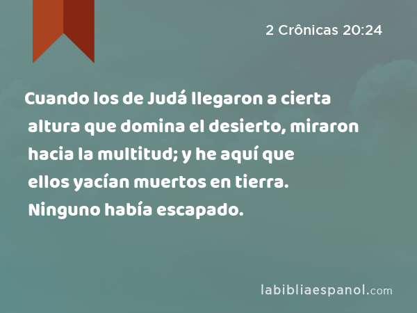 Cuando los de Judá llegaron a cierta altura que domina el desierto, miraron hacia la multitud; y he aquí que ellos yacían muertos en tierra. Ninguno había escapado. - 2 Crônicas 20:24