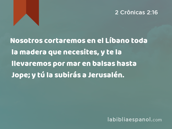 Nosotros cortaremos en el Líbano toda la madera que necesites, y te la llevaremos por mar en balsas hasta Jope; y tú la subirás a Jerusalén. - 2 Crônicas 2:16