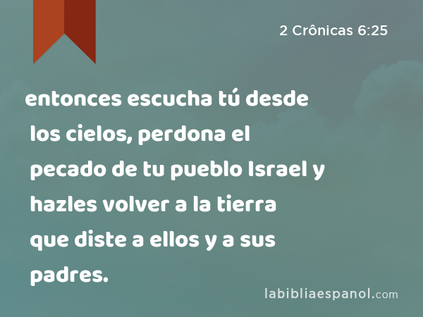 entonces escucha tú desde los cielos, perdona el pecado de tu pueblo Israel y hazles volver a la tierra que diste a ellos y a sus padres. - 2 Crônicas 6:25