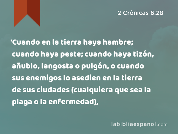 'Cuando en la tierra haya hambre; cuando haya peste; cuando haya tizón, añublo, langosta o pulgón, o cuando sus enemigos lo asedien en la tierra de sus ciudades (cualquiera que sea la plaga o la enfermedad), - 2 Crônicas 6:28