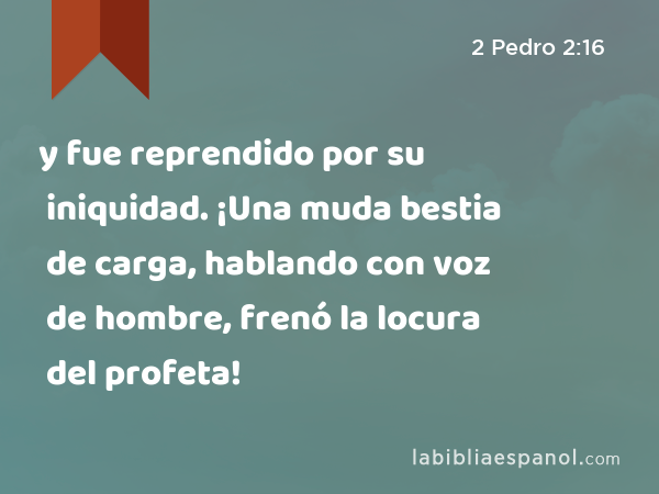 y fue reprendido por su iniquidad. ¡Una muda bestia de carga, hablando con voz de hombre, frenó la locura del profeta! - 2 Pedro 2:16