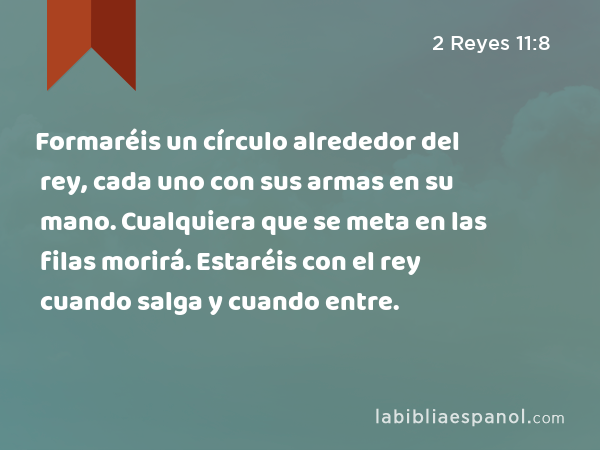 Formaréis un círculo alrededor del rey, cada uno con sus armas en su mano. Cualquiera que se meta en las filas morirá. Estaréis con el rey cuando salga y cuando entre. - 2 Reyes 11:8