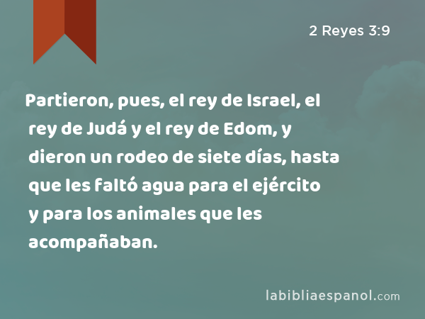 Partieron, pues, el rey de Israel, el rey de Judá y el rey de Edom, y dieron un rodeo de siete días, hasta que les faltó agua para el ejército y para los animales que les acompañaban. - 2 Reyes 3:9