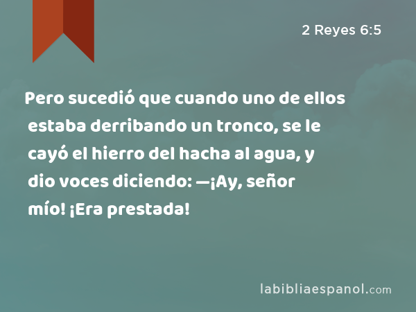 Pero sucedió que cuando uno de ellos estaba derribando un tronco, se le cayó el hierro del hacha al agua, y dio voces diciendo: —¡Ay, señor mío! ¡Era prestada! - 2 Reyes 6:5