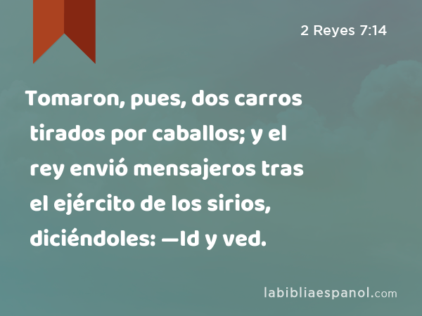 Tomaron, pues, dos carros tirados por caballos; y el rey envió mensajeros tras el ejército de los sirios, diciéndoles: —Id y ved. - 2 Reyes 7:14