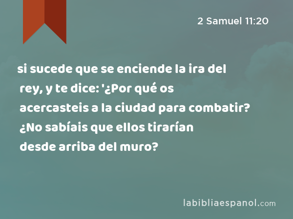 si sucede que se enciende la ira del rey, y te dice: '¿Por qué os acercasteis a la ciudad para combatir? ¿No sabíais que ellos tirarían desde arriba del muro? - 2 Samuel 11:20