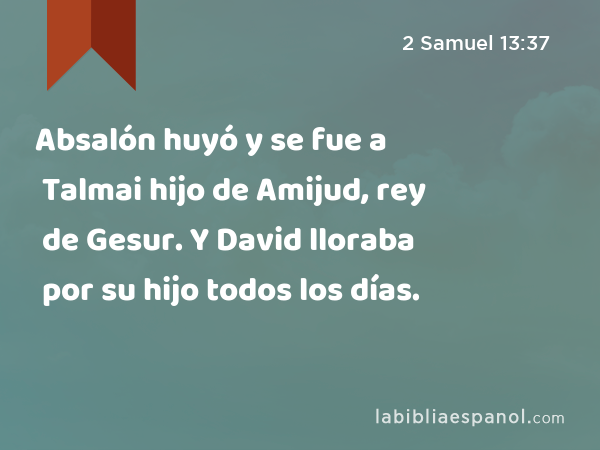 Absalón huyó y se fue a Talmai hijo de Amijud, rey de Gesur. Y David lloraba por su hijo todos los días. - 2 Samuel 13:37