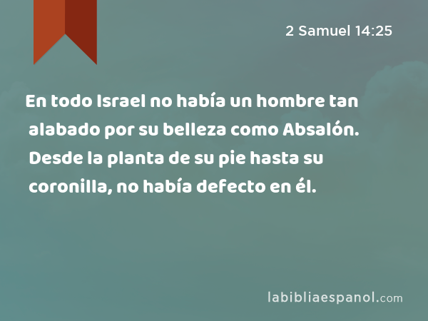 En todo Israel no había un hombre tan alabado por su belleza como Absalón. Desde la planta de su pie hasta su coronilla, no había defecto en él. - 2 Samuel 14:25