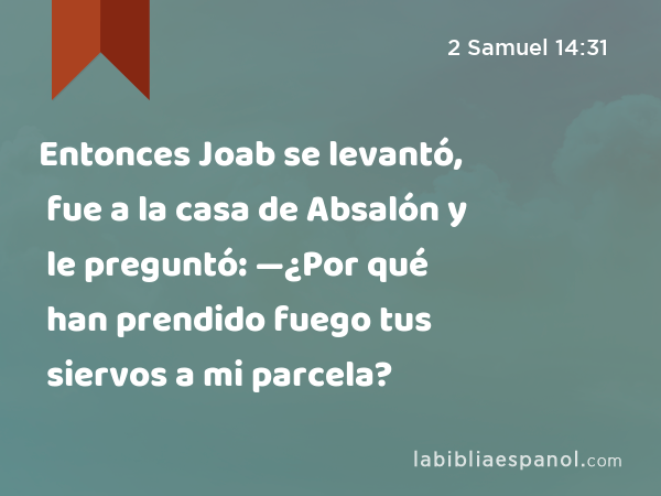 Entonces Joab se levantó, fue a la casa de Absalón y le preguntó: —¿Por qué han prendido fuego tus siervos a mi parcela? - 2 Samuel 14:31