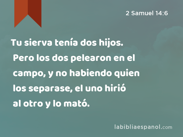 Tu sierva tenía dos hijos. Pero los dos pelearon en el campo, y no habiendo quien los separase, el uno hirió al otro y lo mató. - 2 Samuel 14:6