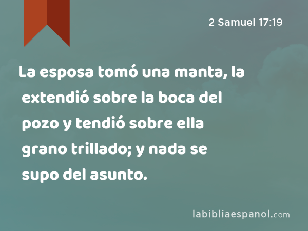 La esposa tomó una manta, la extendió sobre la boca del pozo y tendió sobre ella grano trillado; y nada se supo del asunto. - 2 Samuel 17:19