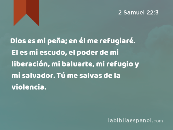 Dios es mi peña; en él me refugiaré. El es mi escudo, el poder de mi liberación, mi baluarte, mi refugio y mi salvador. Tú me salvas de la violencia. - 2 Samuel 22:3