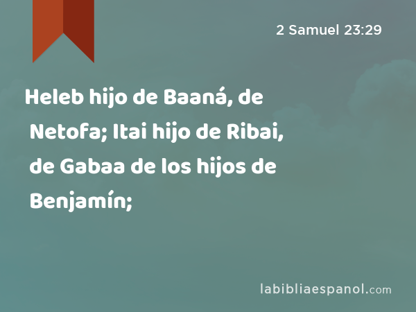Heleb hijo de Baaná, de Netofa; Itai hijo de Ribai, de Gabaa de los hijos de Benjamín; - 2 Samuel 23:29